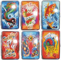 3101L14TAT1 Tattoo Designs Leather Wrapped Holds 14 Cigarettes 100s Size (12PC)