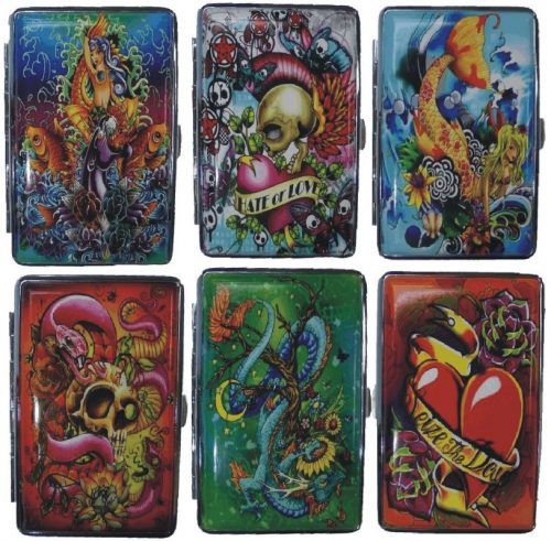 3101L14TAT2 Tattoo Designs Leather Wrapped Holds 14 Cigarettes 100s Size (12PC) - Image 2