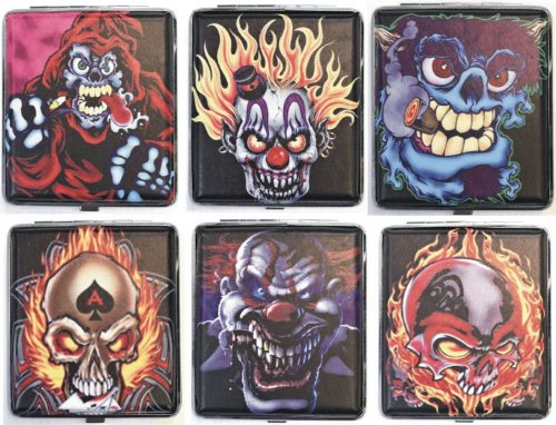 3101L20SK2 Clown Skull Designs Leather Wrapped Holds 20 Cigarettes 100s Size (12PC) - Image 2