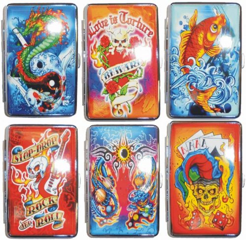 3101L20TAT1 Tattoo Designs Leather Wrapped Holds 20 Cigarettes 100s Size (12PC) - Image 2