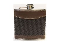FL302 Black & Brown Leather Wrapped Design Flask Holds Up To 7 oz (8PC)