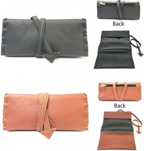 3320 Tie Around Tri-Fold Leatherette Tobacco Pouch W/ Stitched Arrow Design; Zipper Pocket (10PC) - Image 2